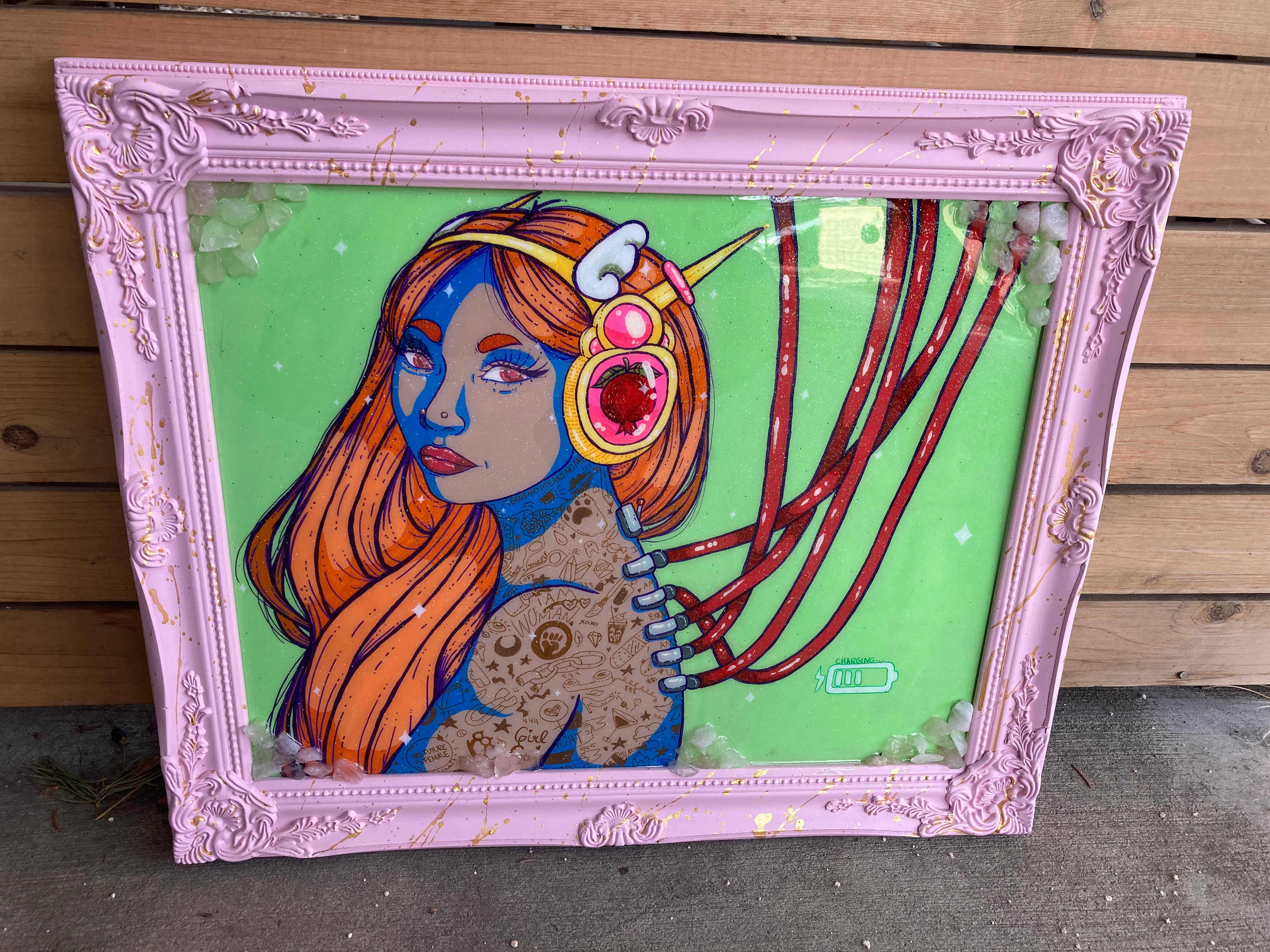 A mixed media portrait of a cyborg figure with intricate tattoos, rendered in vibrant blues and oranges.