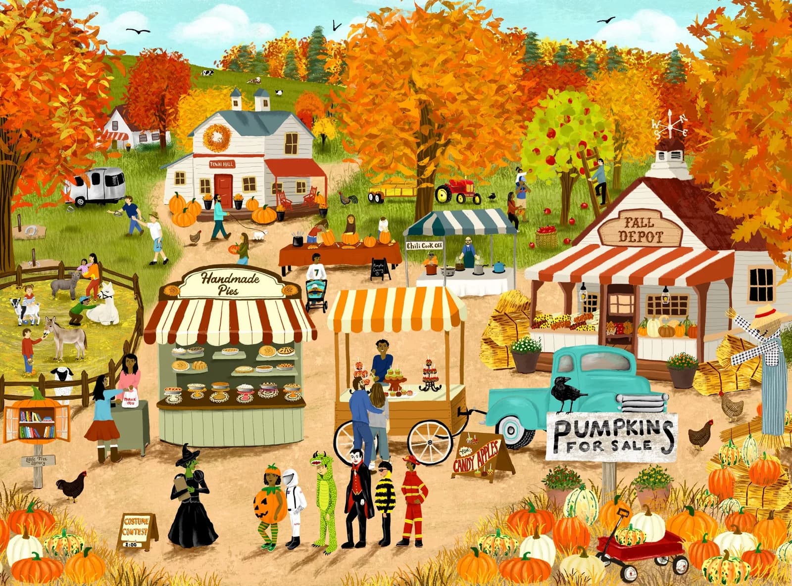 A folk art painting depicts a bustling autumn harvest market with stalls selling pies, pumpkins, and apples, and people in costumes.