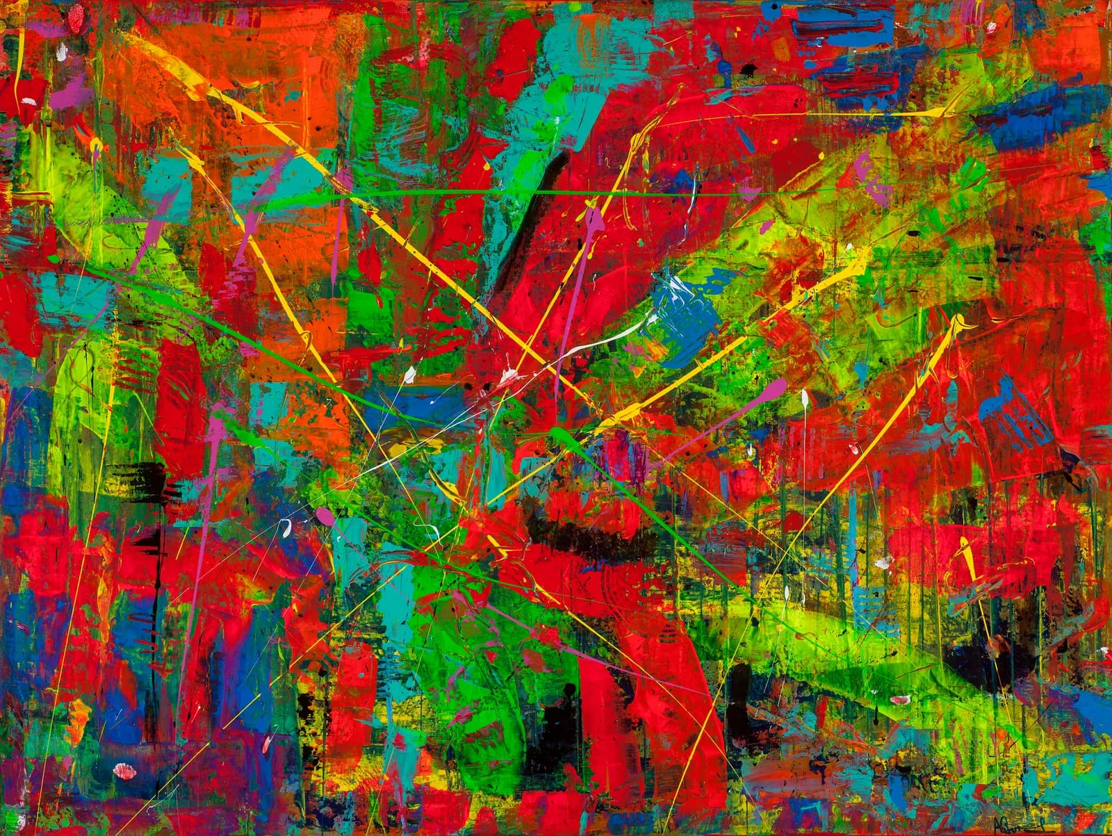 An abstract expressionist oil and acrylic painting features bold strokes and energetic splatters in vibrant hues of red, green, and blue.