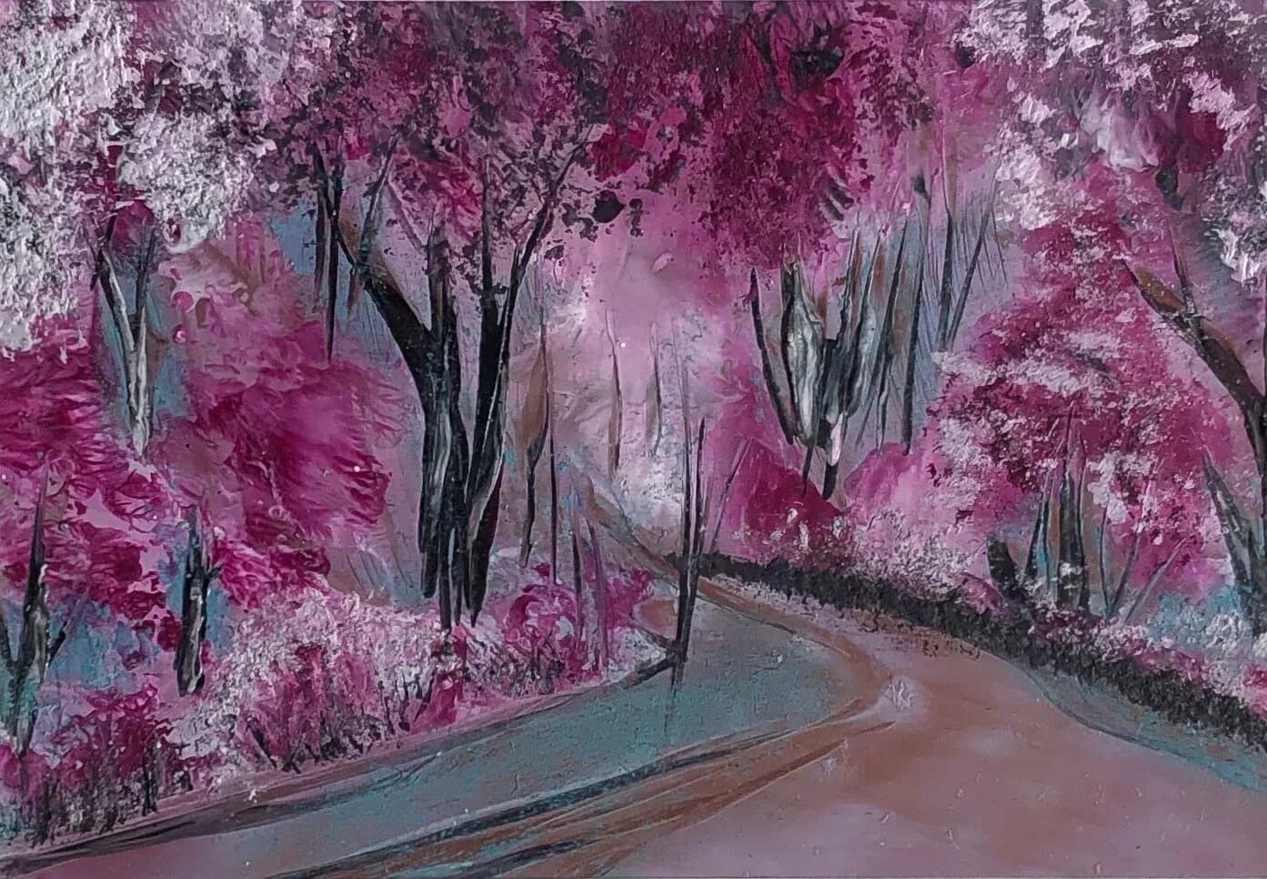 An impressionistic landscape painting depicts a winding path through trees in shades of pink and purple.