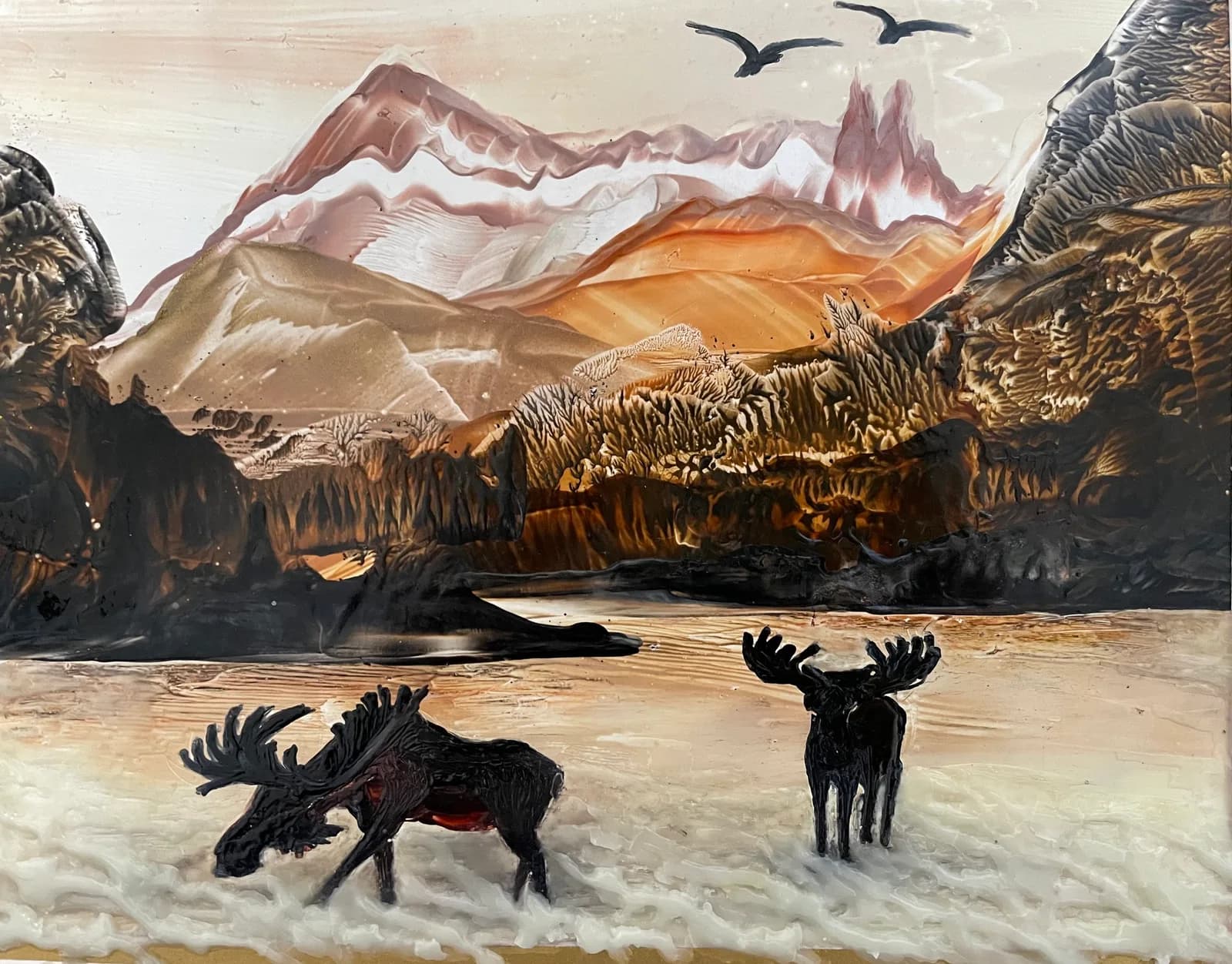 Abstract oil painting of two moose in a snowy landscape with mountains and birds overhead.