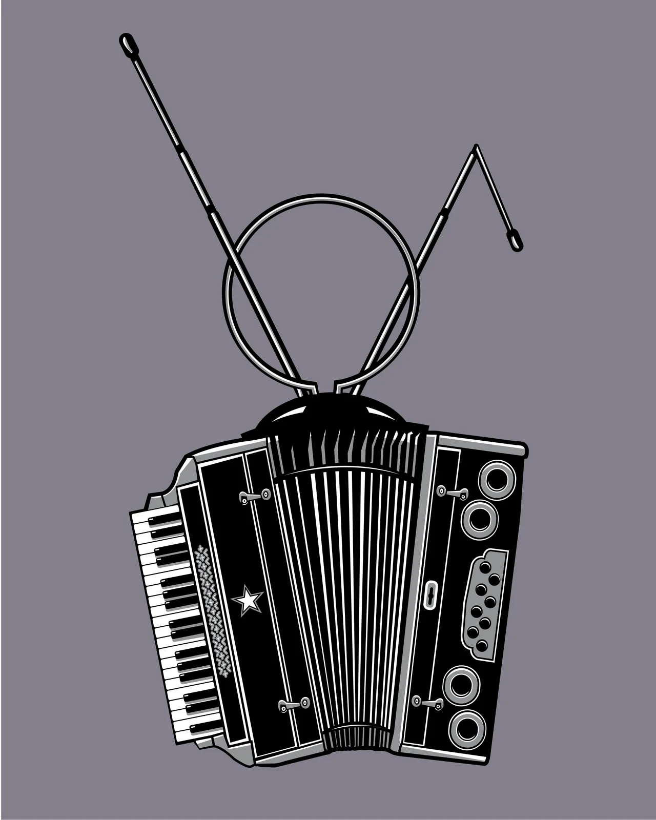 A stylized illustration of an accordion with a radio antenna, rendered in black and white with a gray background.