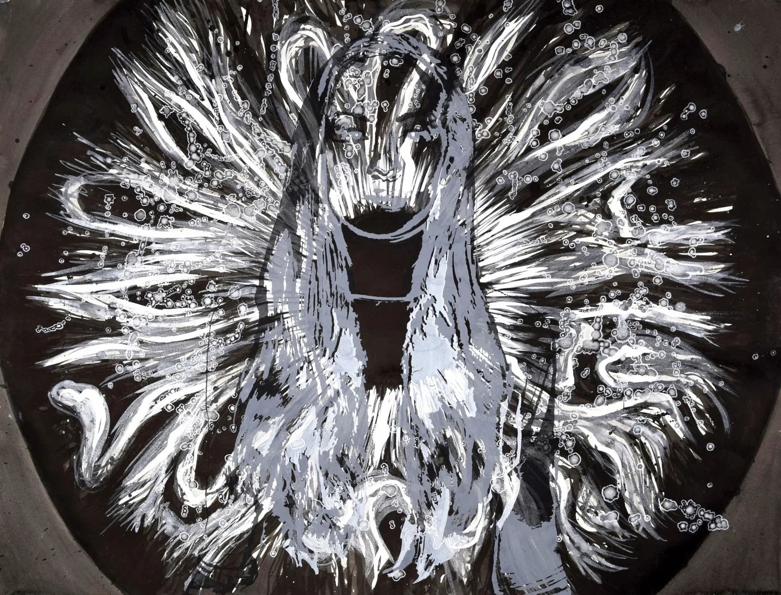 An expressive ink painting depicts a figure with flowing hair and a serpent, rendered in shades of gray and white.