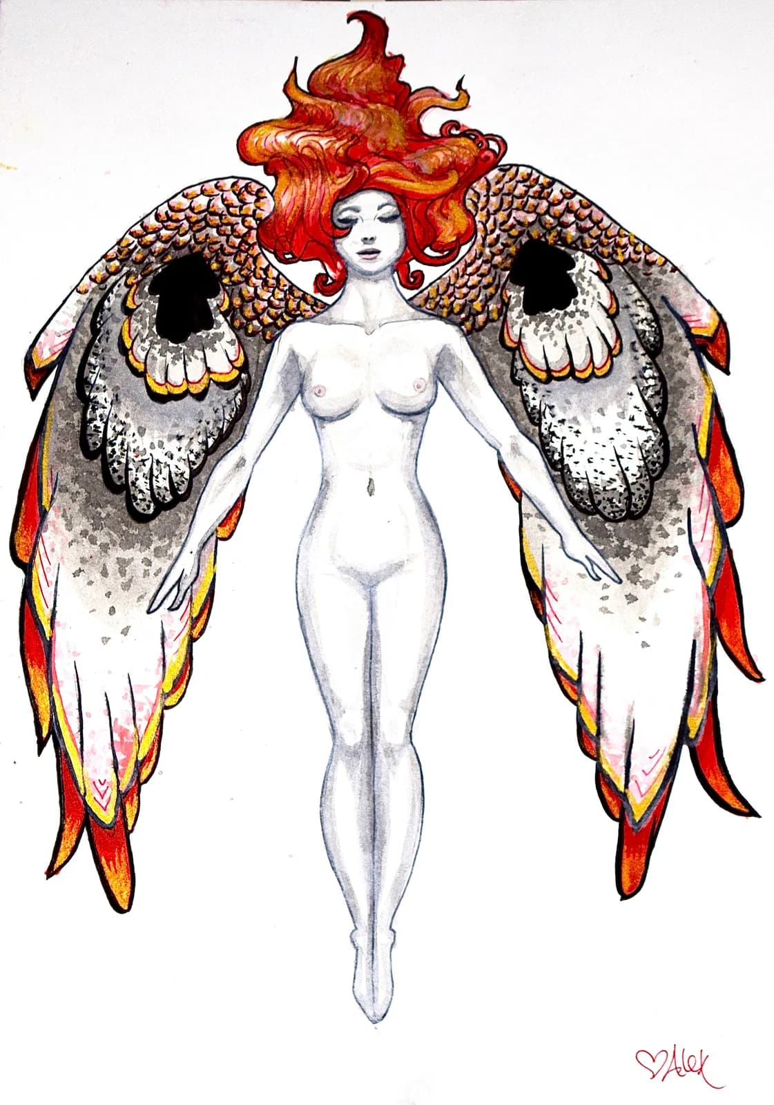 A watercolor painting depicts a nude figure with fiery red hair and large, feathered wings in shades of white, gray, and red.