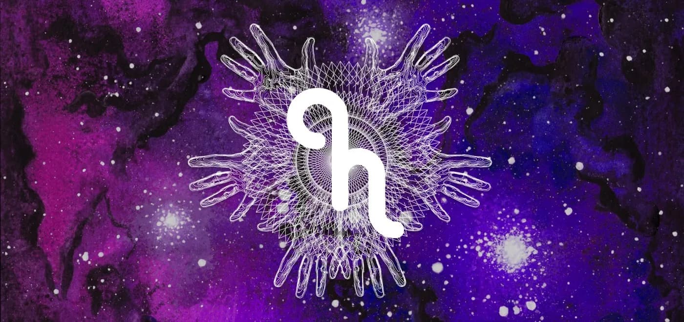 An abstract mixed media artwork features a white geometric symbol overlaid on a vibrant purple and black cosmic background.