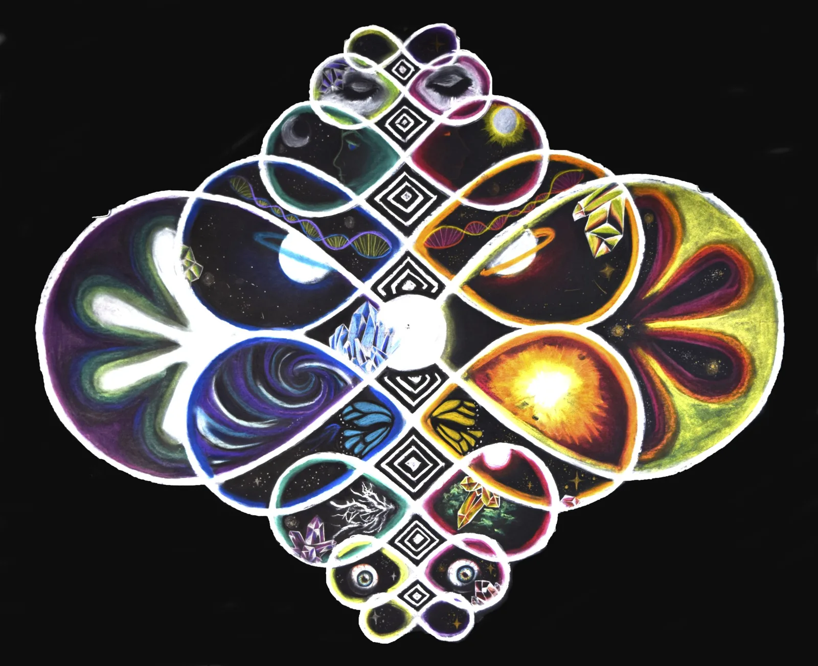 A non-representational pastel drawing depicts a cosmic mandala with elements of dna and crystals.