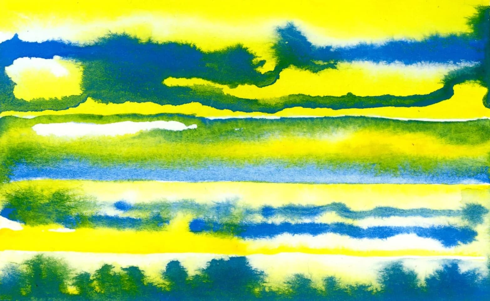 An abstract watercolor painting features horizontal bands of yellow, blue, and green with a textured, organic feel.