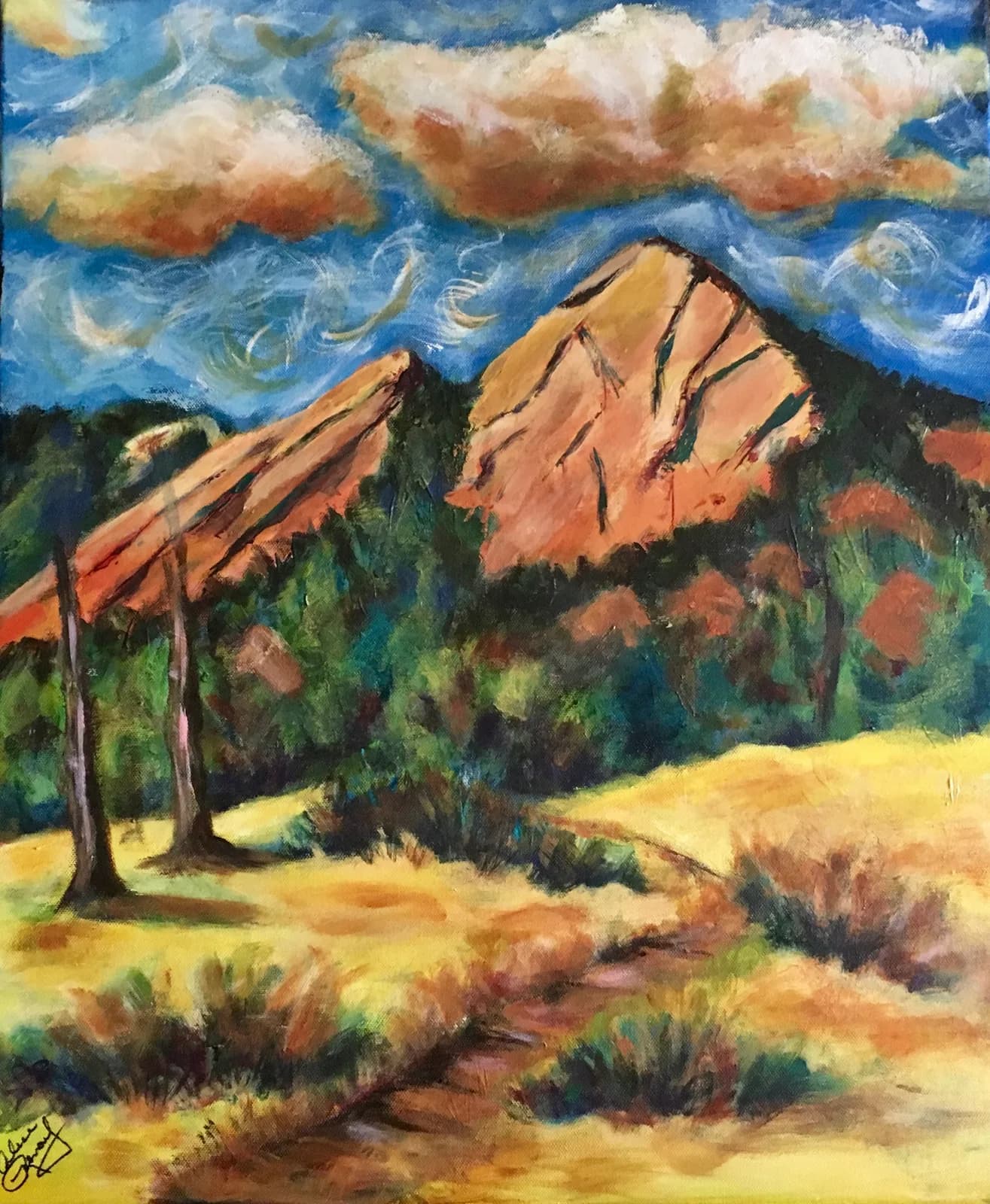 An impressionistic oil painting depicts the Flatirons mountains under a dramatic sky with fluffy clouds and a winding path.