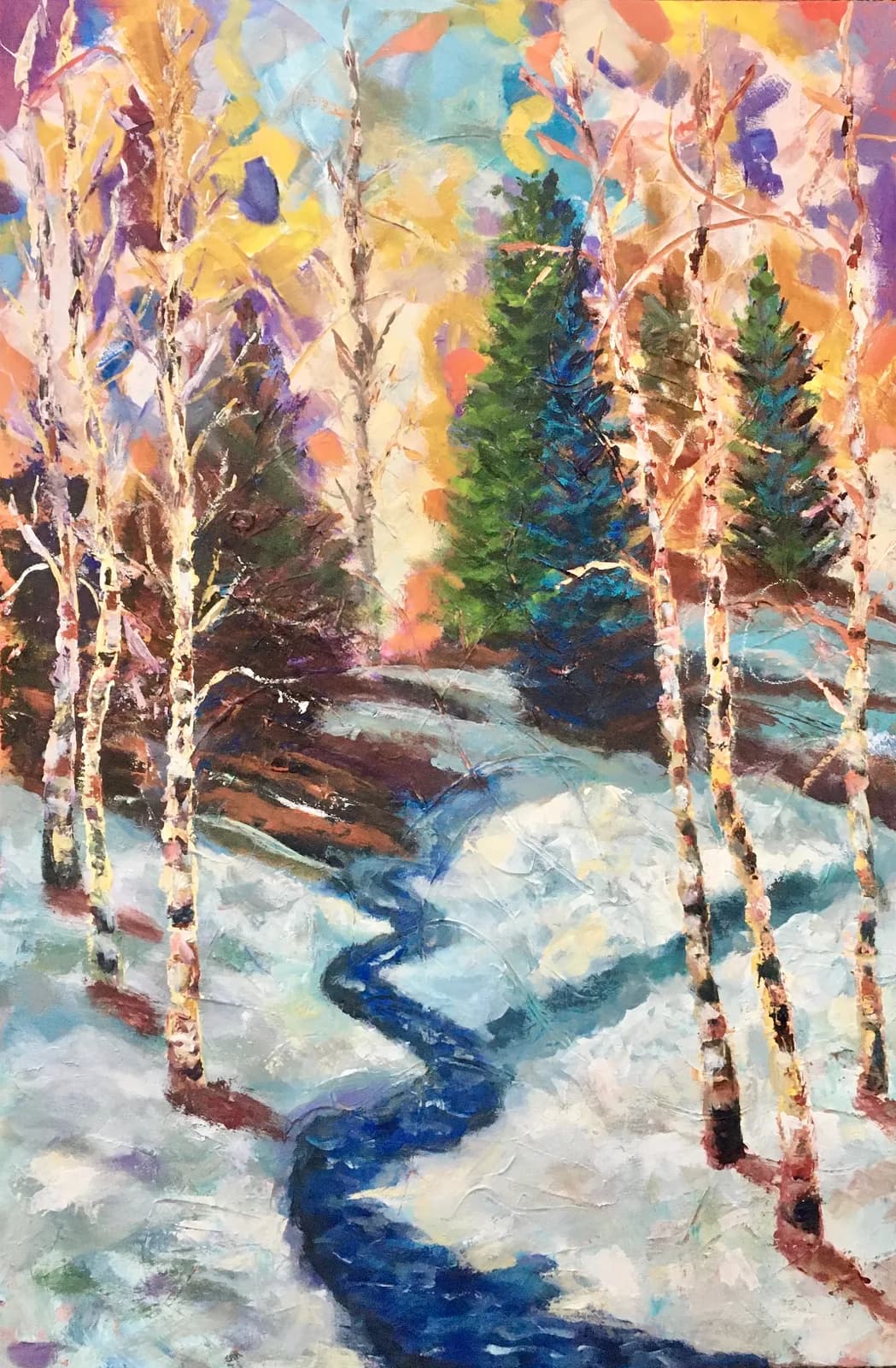 An impressionistic oil painting depicts a winding stream through a snowy landscape with birch and evergreen trees.