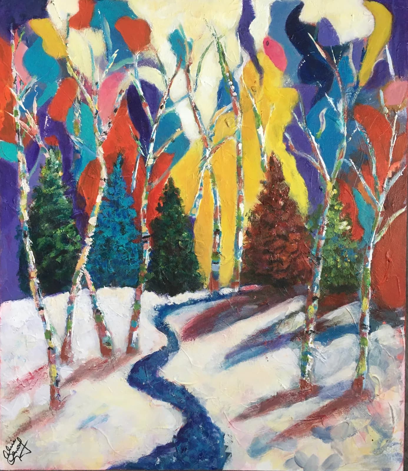 An expressive oil and acrylic painting of a snowy winter landscape with birch and evergreen trees and a winding stream.