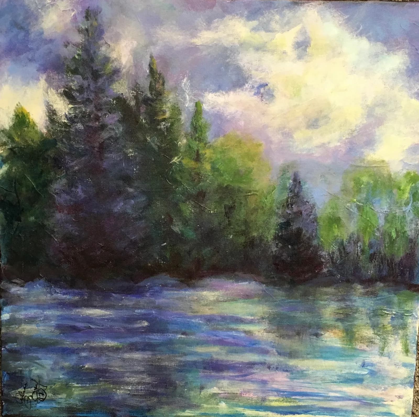 An impressionistic oil painting depicts a serene landscape with trees reflected in shimmering water under a dramatic sky.
