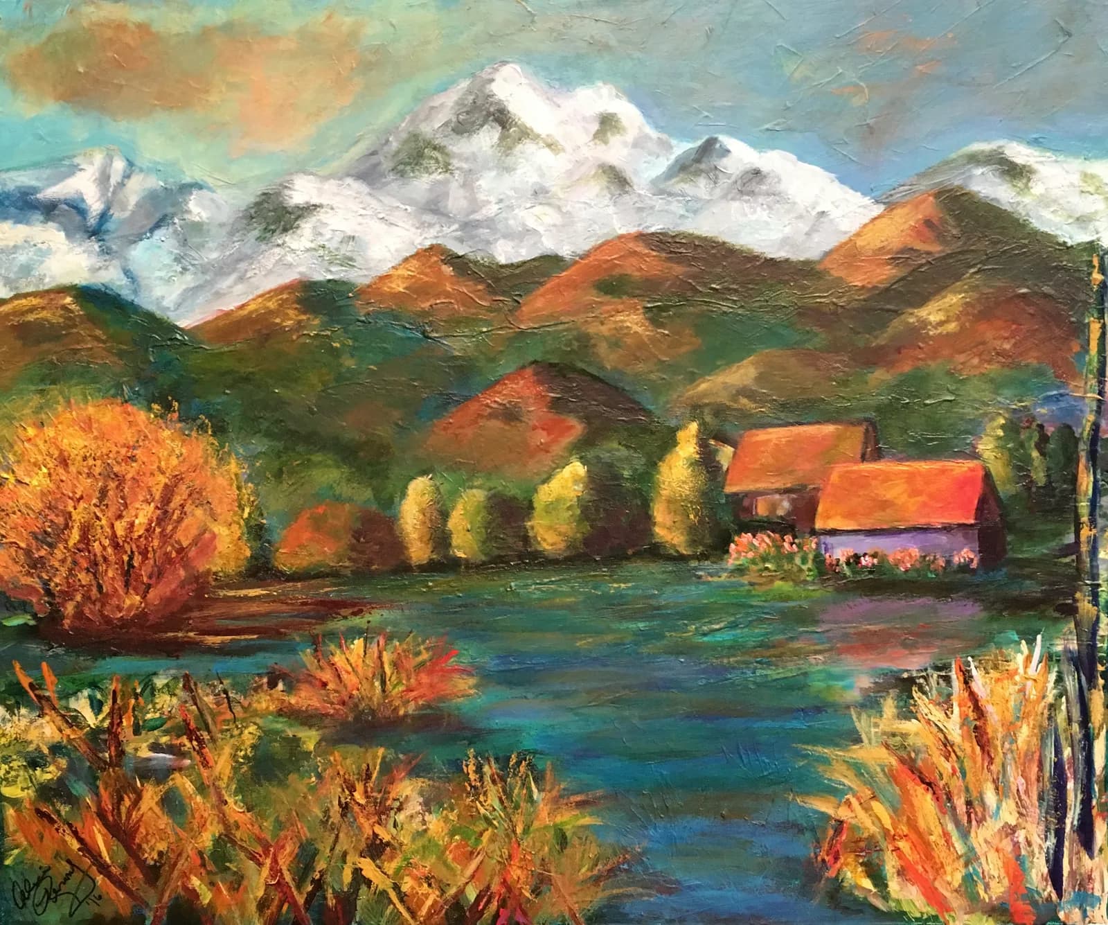 An impressionistic oil painting depicts a serene autumn landscape with snow-capped mountains, a tranquil lake, and rustic cabins.