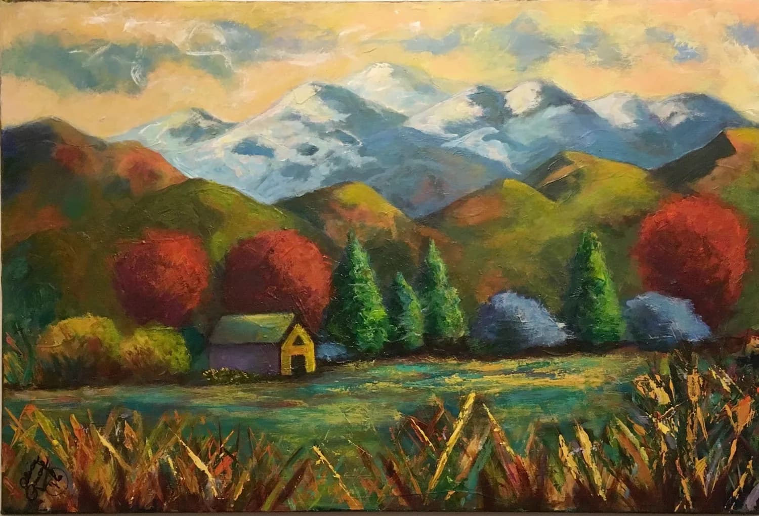 An impressionistic landscape painting depicts a rustic cabin nestled among fall foliage with snow-capped mountains in the background.