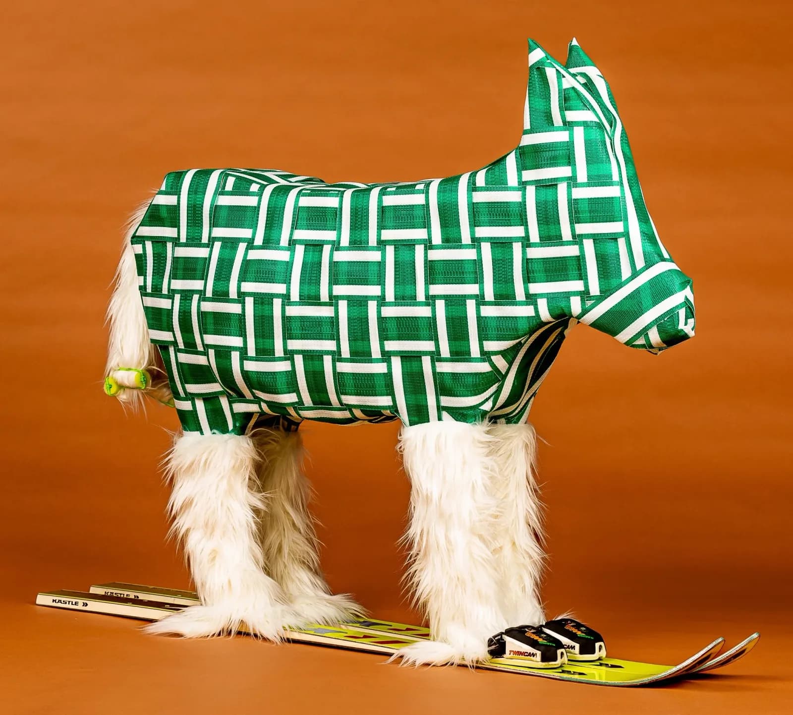 A whimsical fabric sculpture of a horse on skis, adorned in green and white geometric patterns with furry legs.