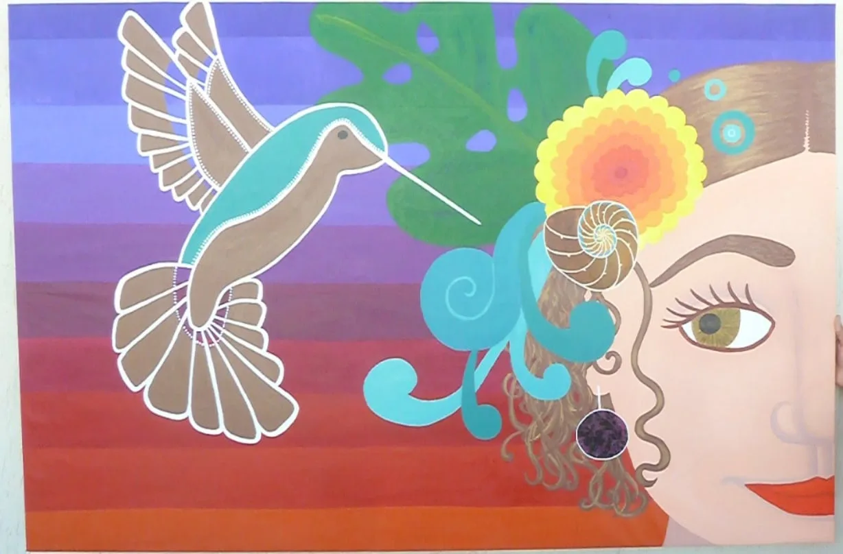 A stylized hummingbird hovers near a woman's profile, adorned with a flower and leaf, rendered in bold acrylics.