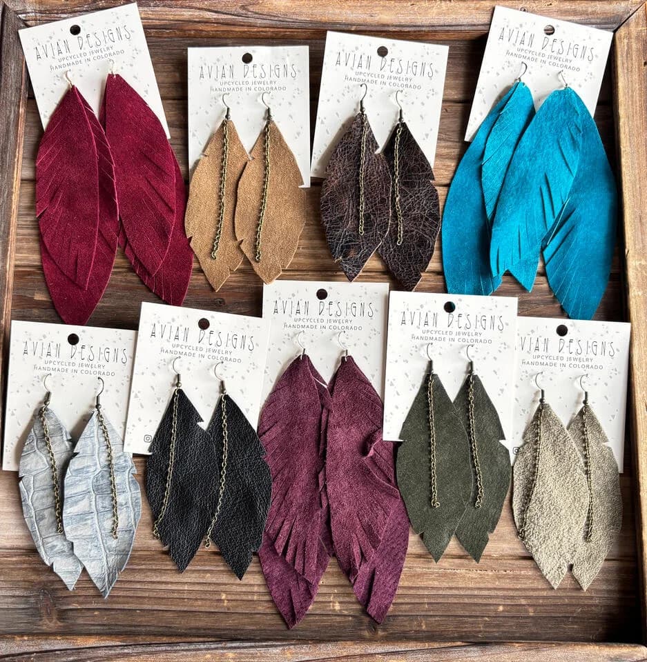 Upcycled leather/suede earrings by Amy Gates - Avian Designs