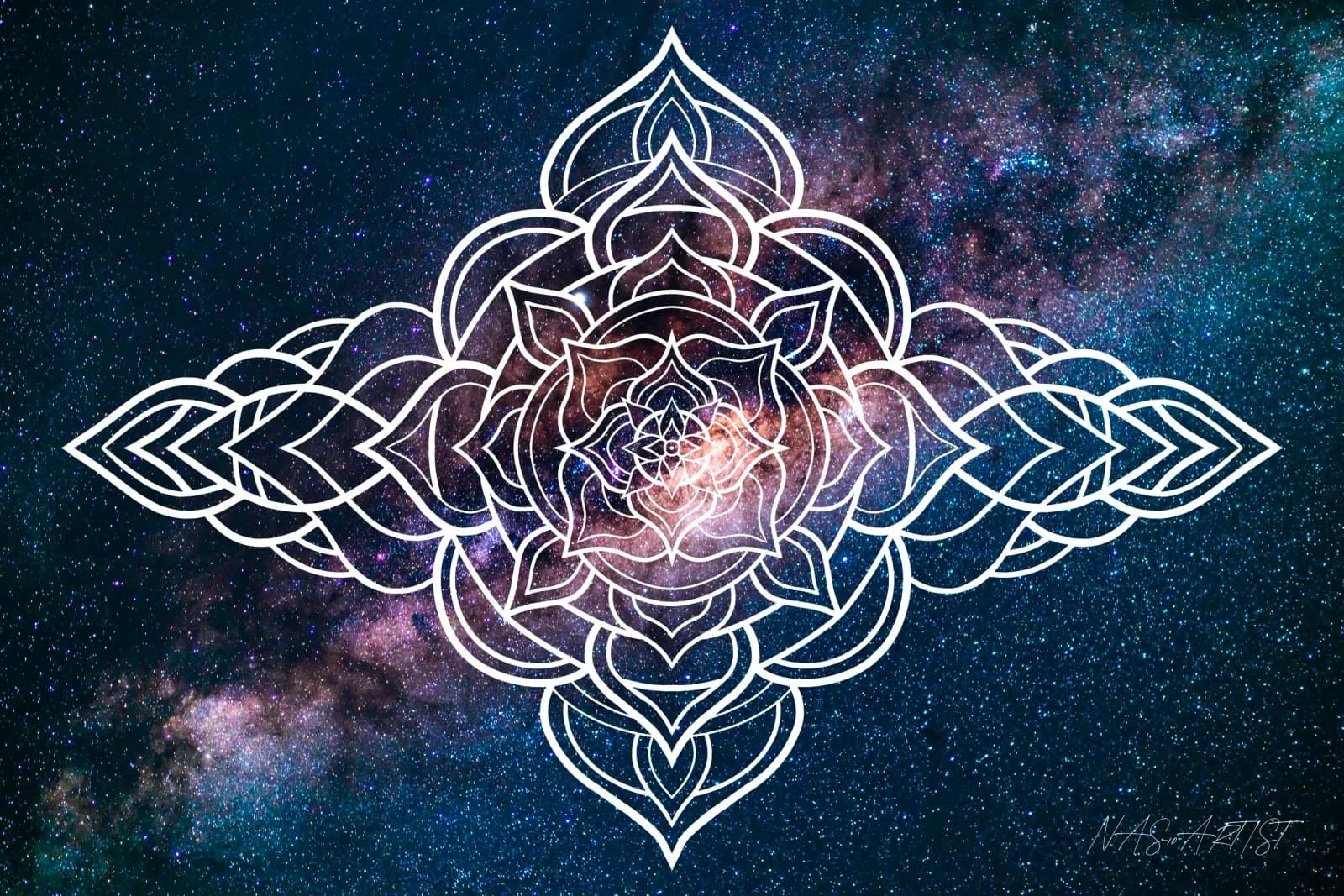 A geometric mandala design overlays a cosmic galaxy background in this digital artwork.