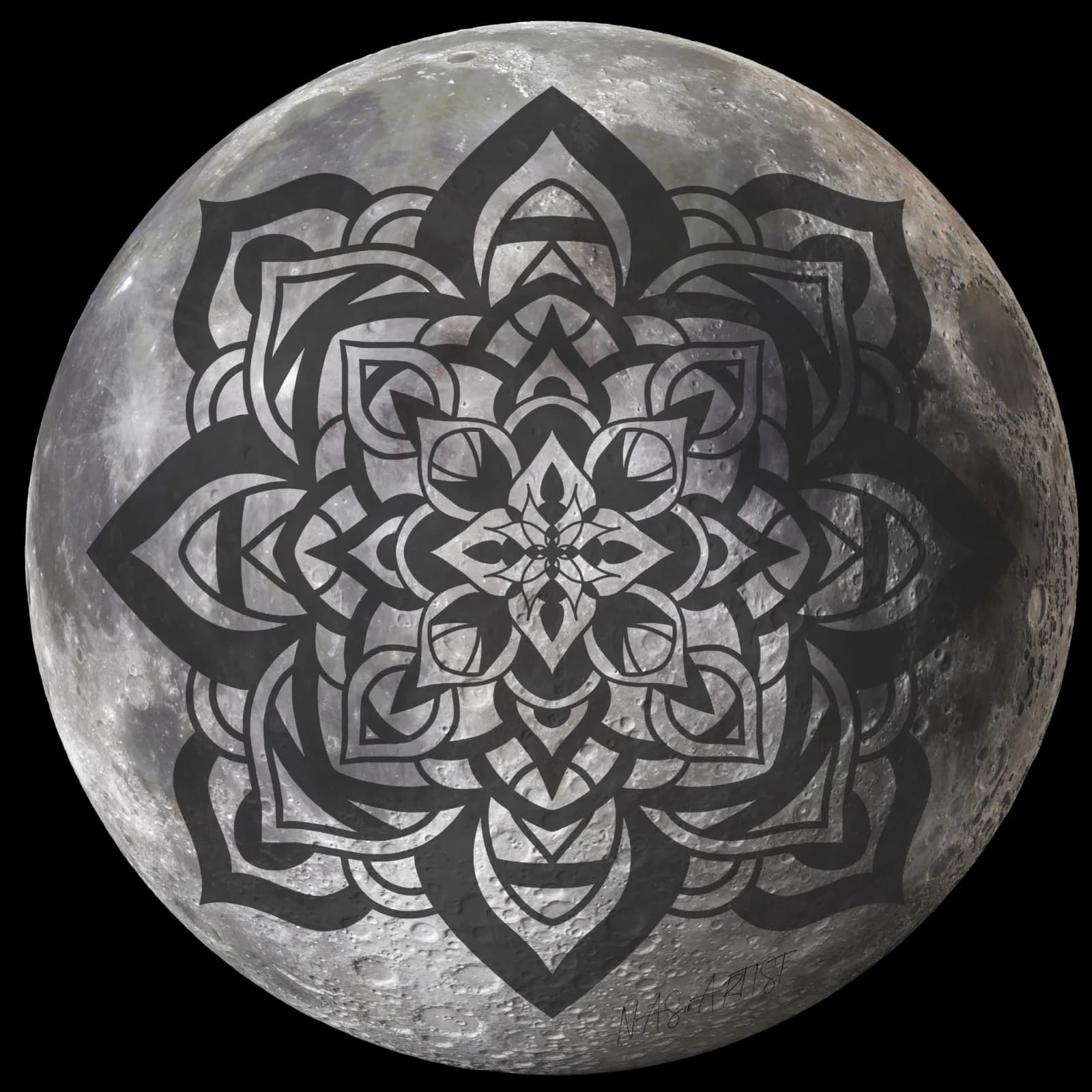 A geometric mandala design overlays a realistic depiction of the moon, rendered in shades of white and gray.