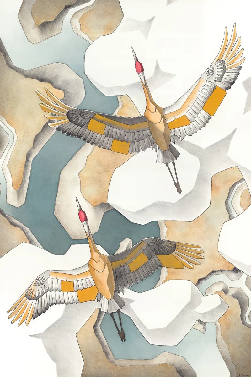 Two cranes in flight rendered in watercolor with a palette of Tussock, Snow Drift, and Westar.