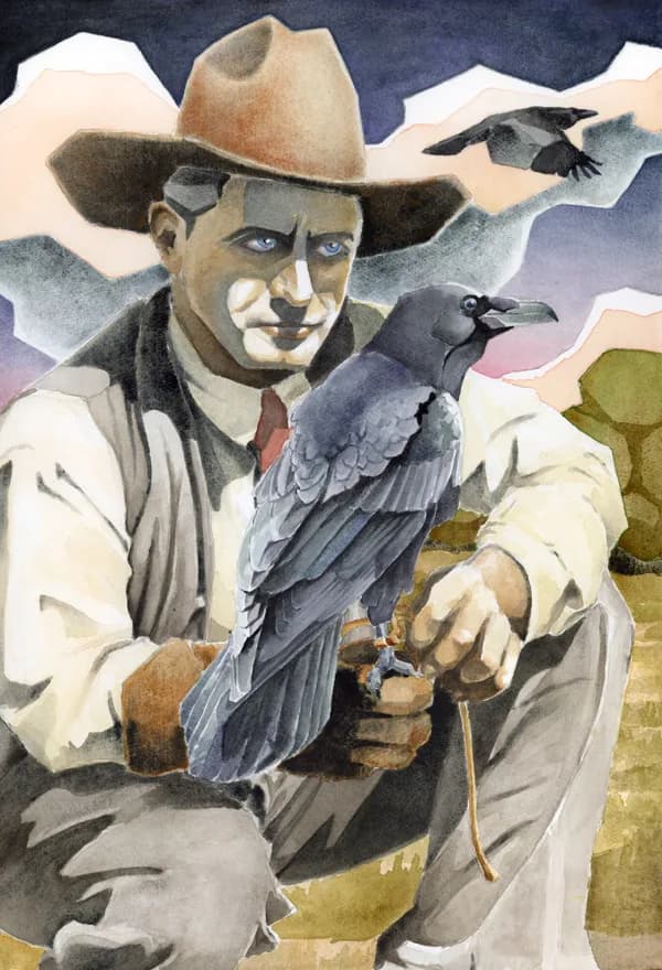 A watercolor painting depicts a man in a cowboy hat holding a crow, with two other crows flying in the background.