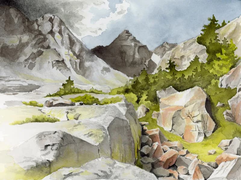 A watercolor painting captures a rugged mountain landscape with rocky terrain and scattered trees under a cloudy sky.