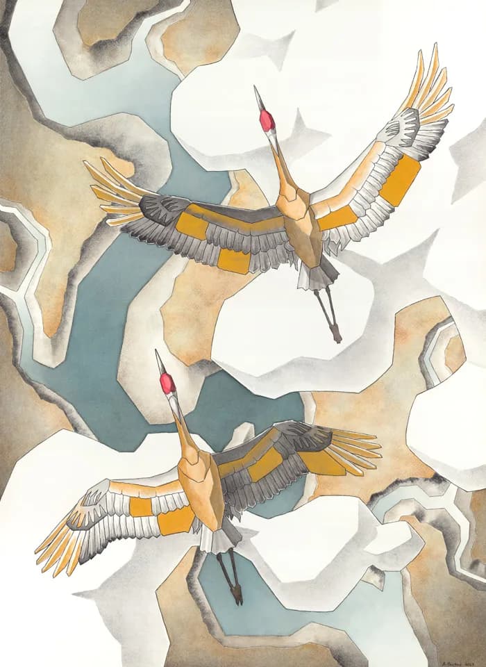 Two cranes in flight are depicted in watercolor with a palette of Tussock, Snow Drift, and Moon Mist.