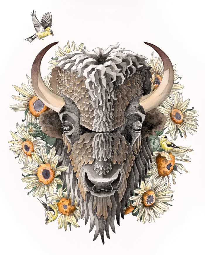 A watercolor painting of a bison surrounded by sunflowers and goldfinches, rendered in earthy tones.