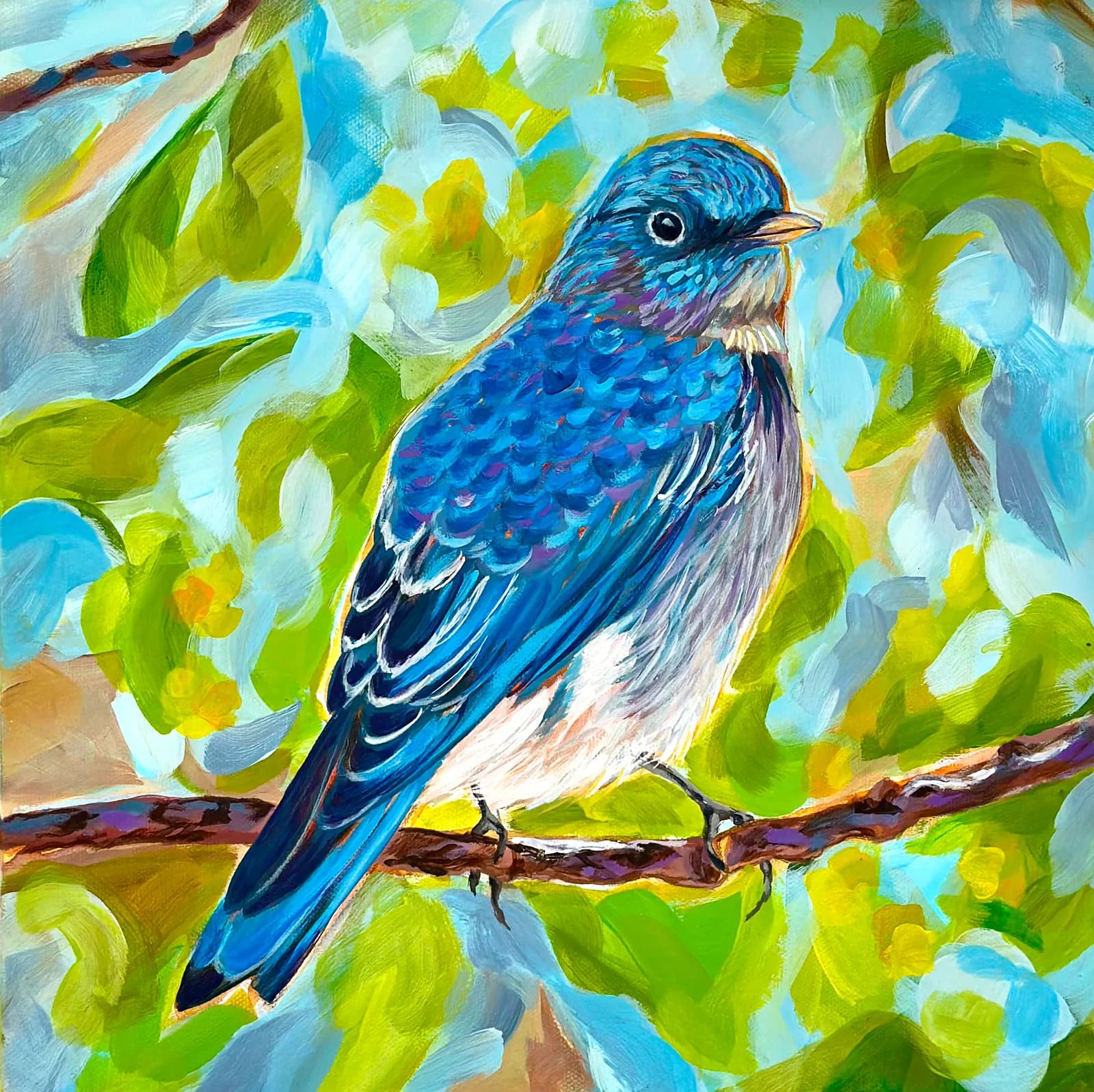 An impressionistic oil painting depicts a bluebird perched on a branch amidst vibrant green and yellow foliage.