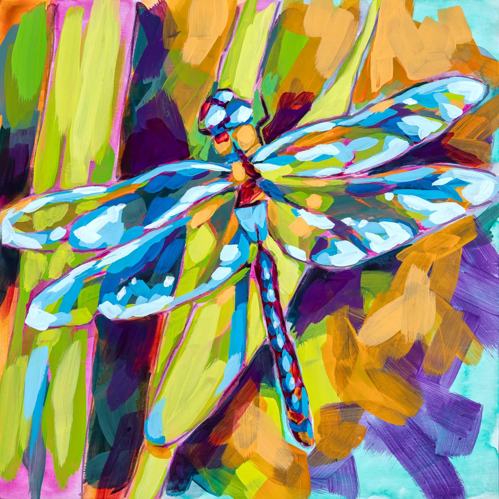 A vibrant, abstract painting of a dragonfly in Sushi and Mandalay colors, rendered in oil and acrylic.