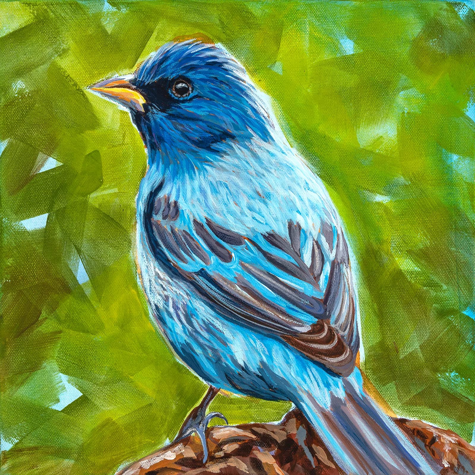 A vibrant oil painting captures a blue bird perched on a branch against a textured green background.