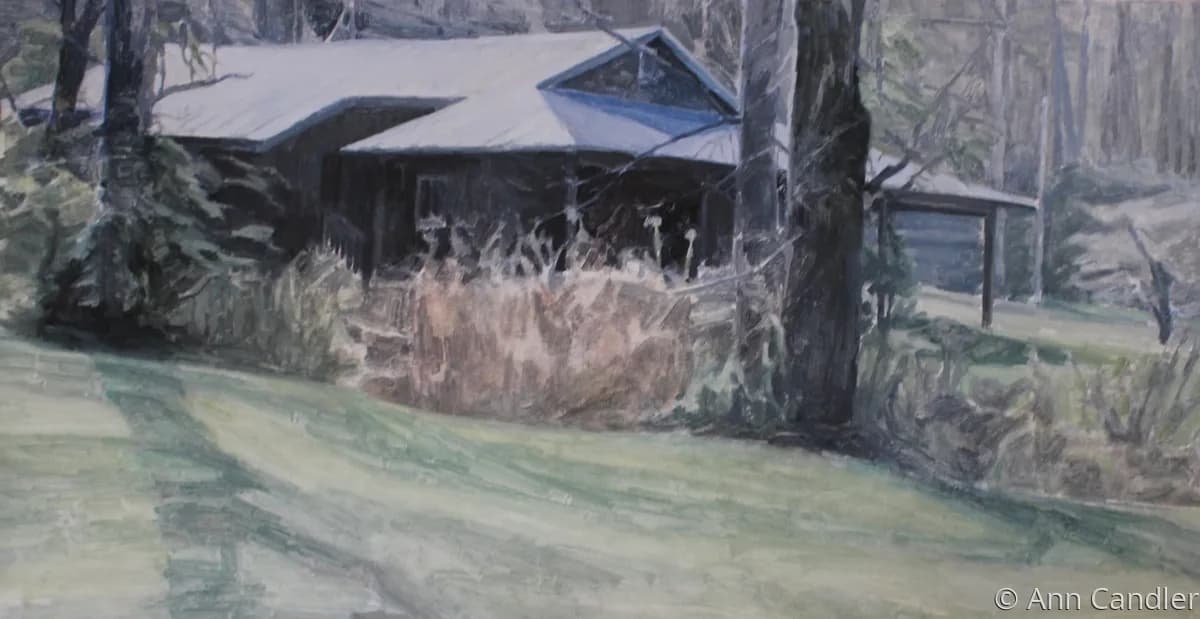 An oil painting depicts a weathered cabin nestled among trees with overgrown brush in a muted palette.