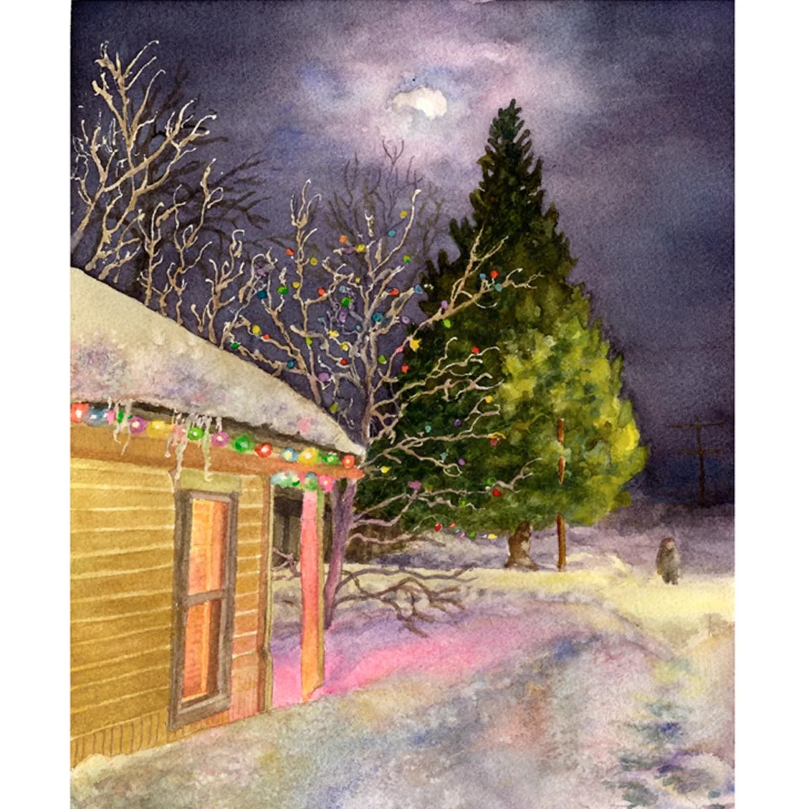 A watercolor painting depicts a snow-covered cabin at night, adorned with colorful Christmas lights and a full moon.
