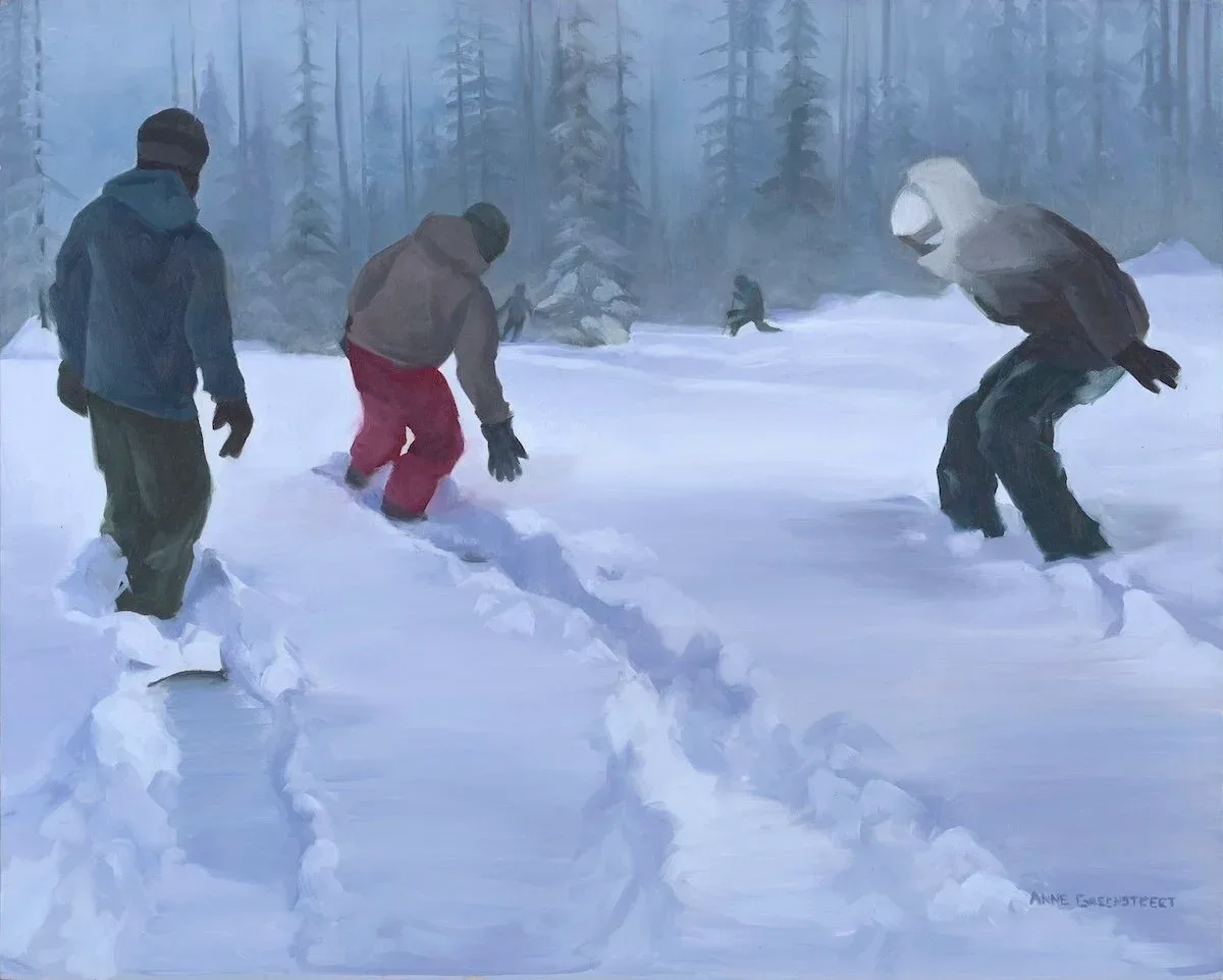 Impressionistic oil painting of figures walking through a snowy forest with a muted palette.