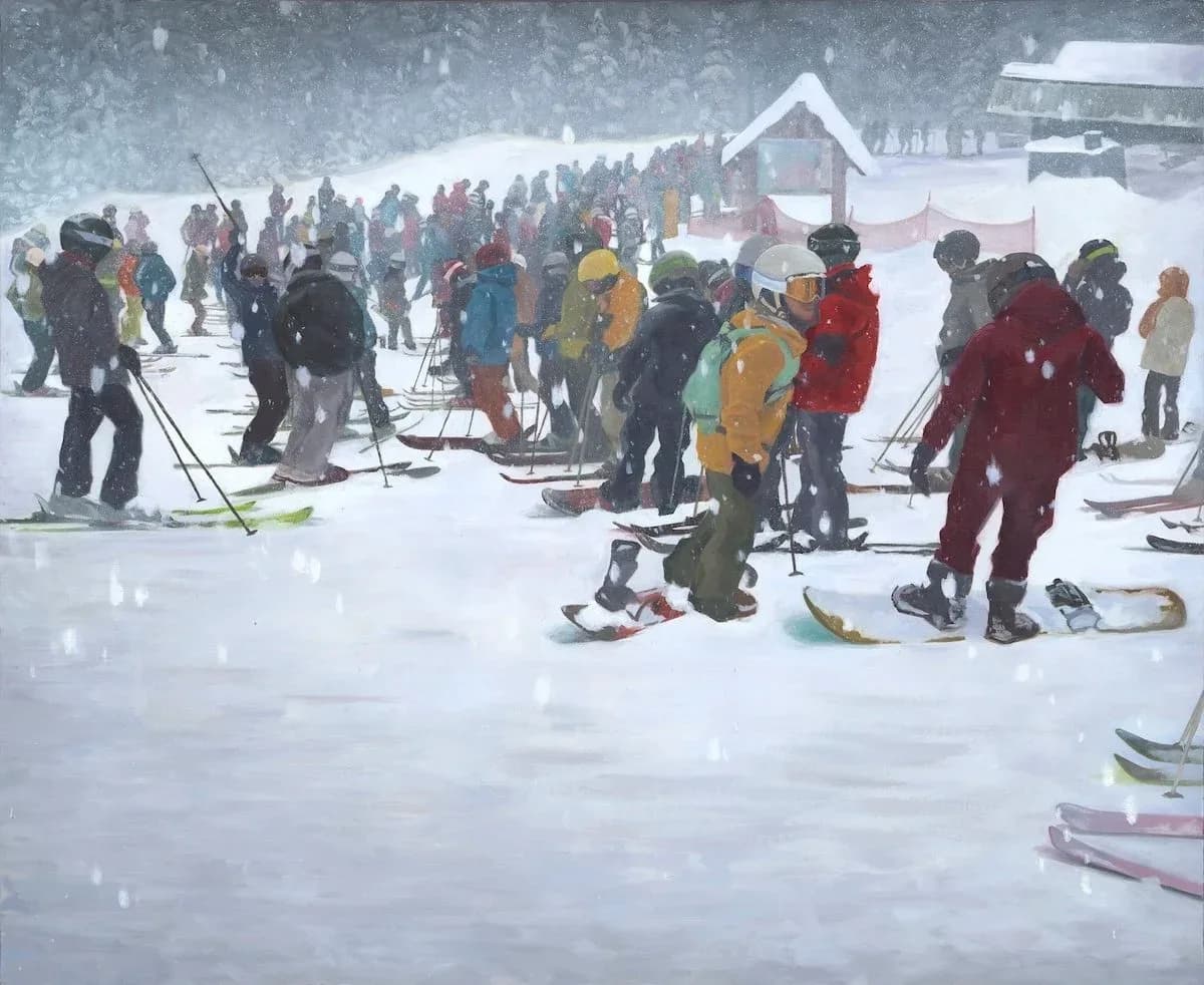 Impressionistic oil painting of skiers in a snowy resort, rendered in shades of Lotus and Link Water.