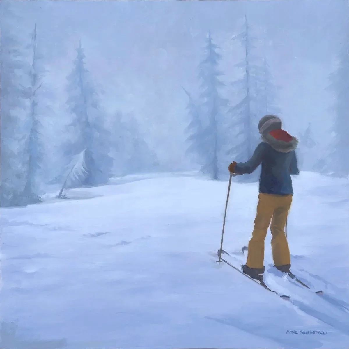 Impressionist oil painting of a skier in a snowy forest with trees shrouded in fog.