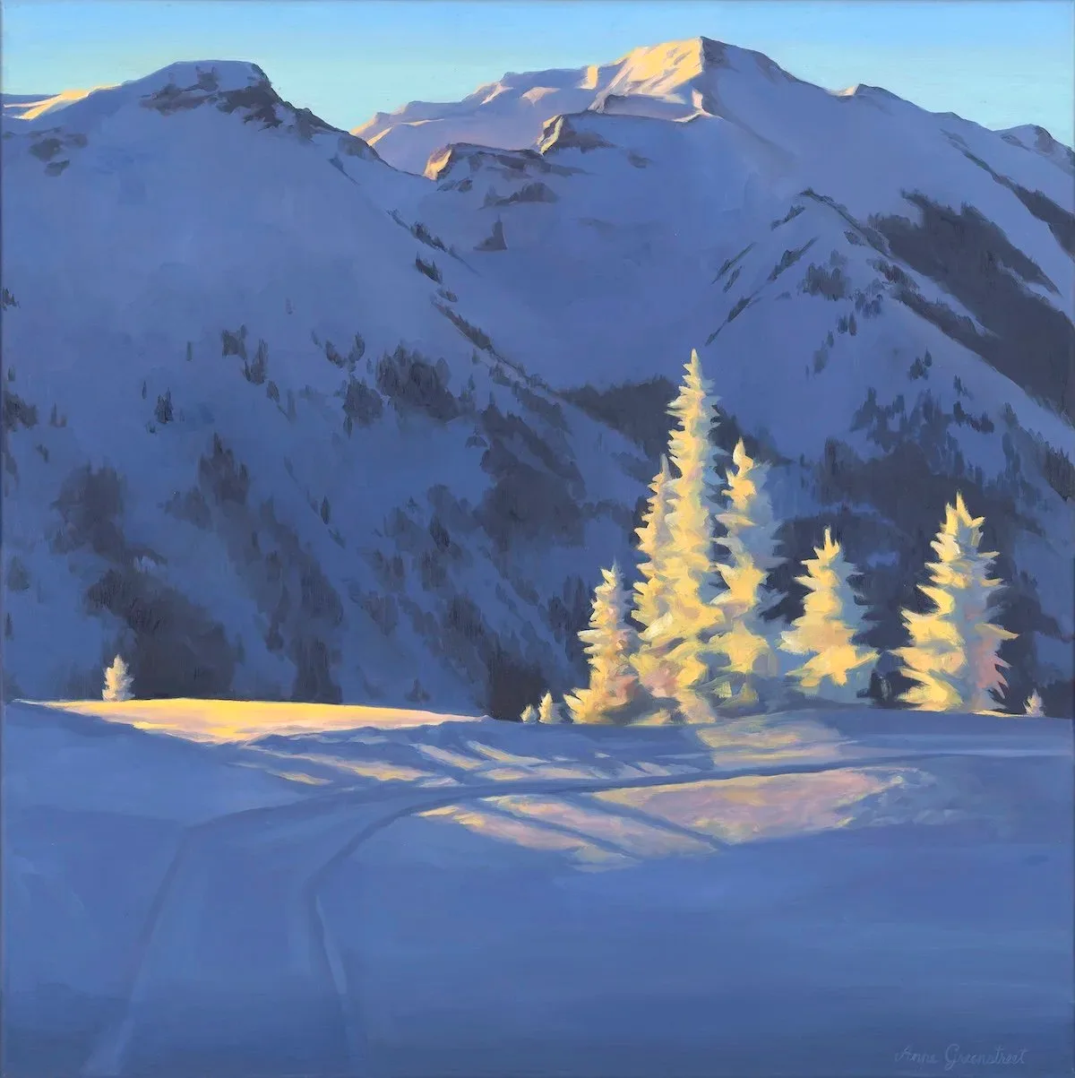 Impressionistic oil painting of a snow-covered mountain landscape with sunlit trees and shadows.