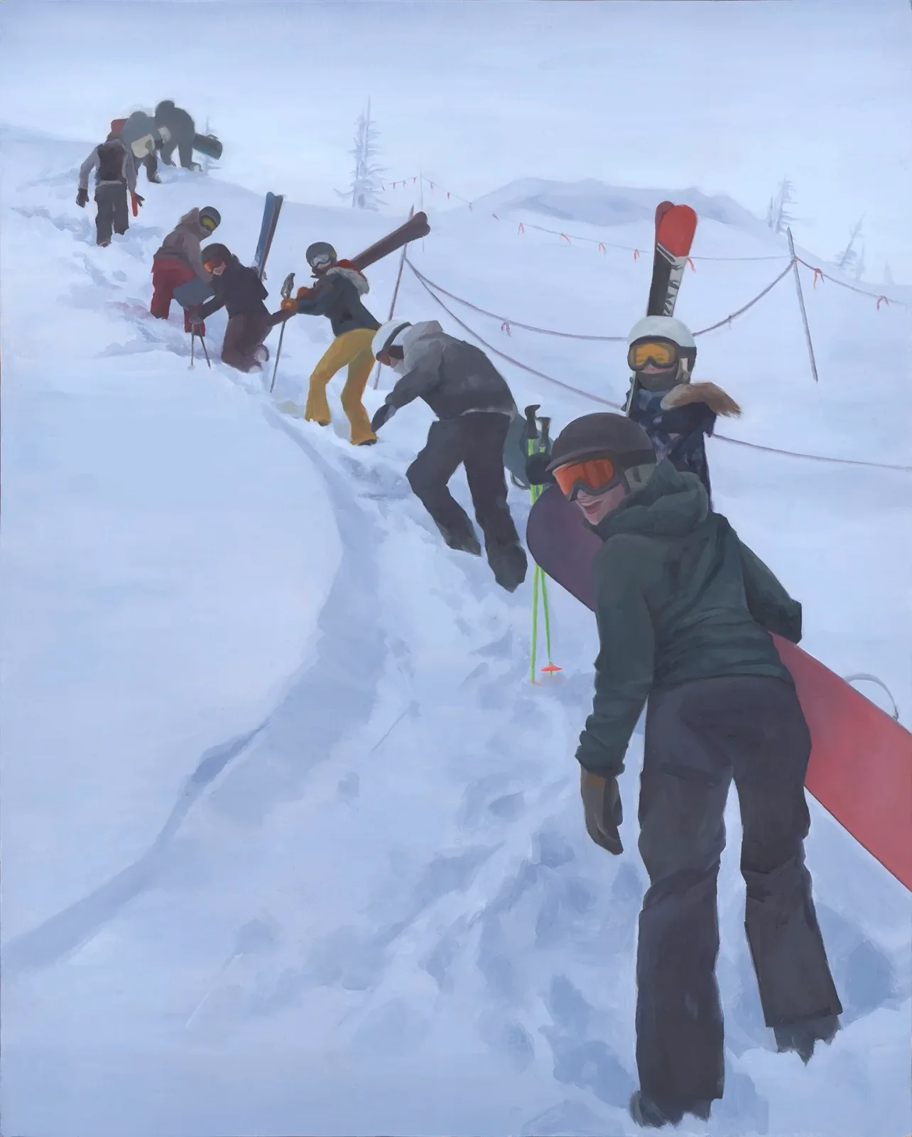A group of skiers and snowboarders ascend a snowy slope in muted tones of Rock Blue and Pigeon Post.