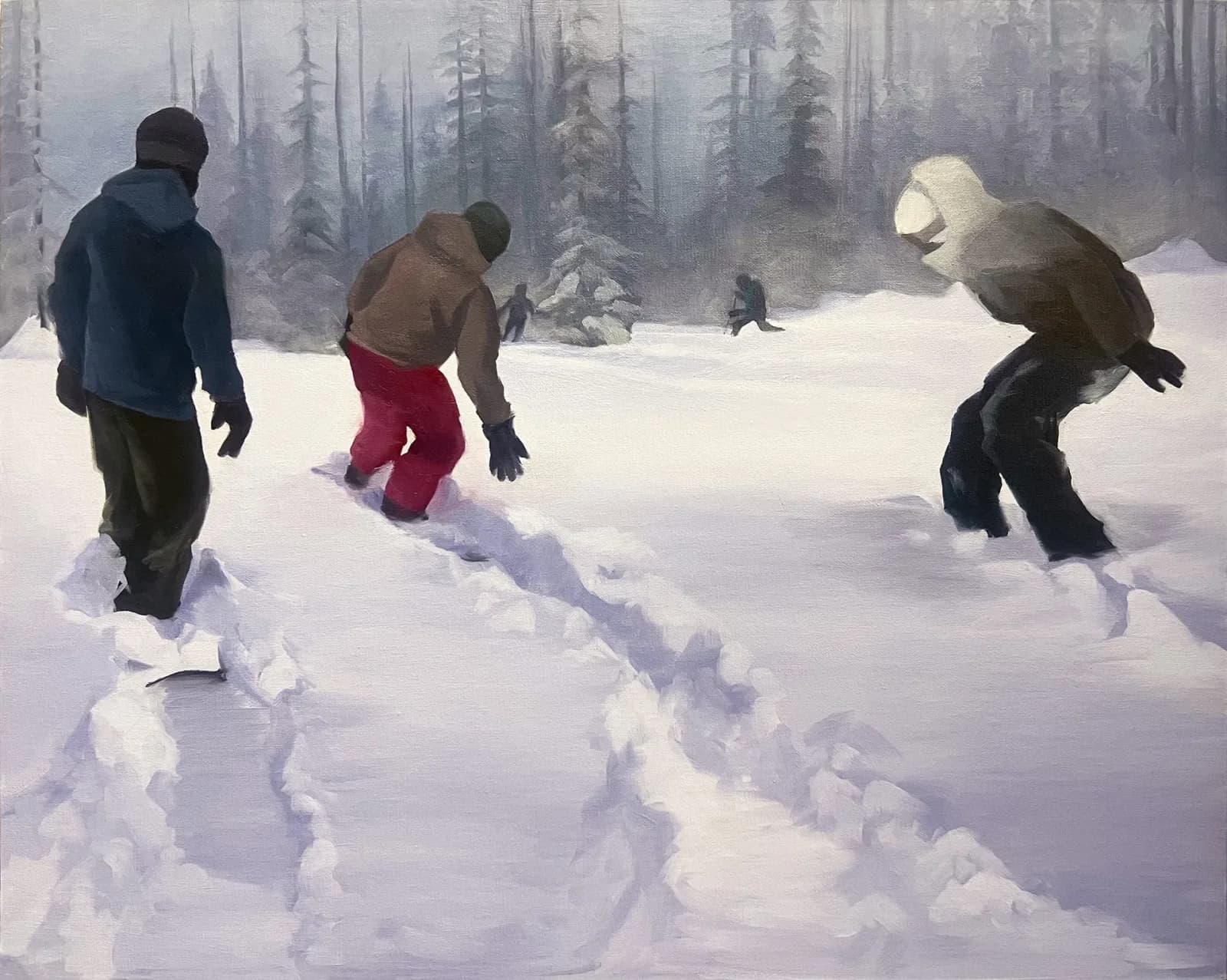 Impressionistic oil painting of figures in a snowy forest, rendered in shades of French Gray and Spun Pearl.