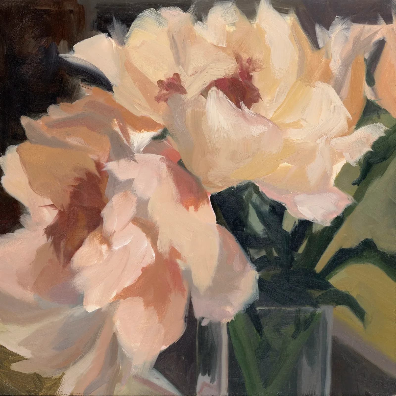 Impressionistic oil painting of pale pink peonies in a glass vase, with a dark background.