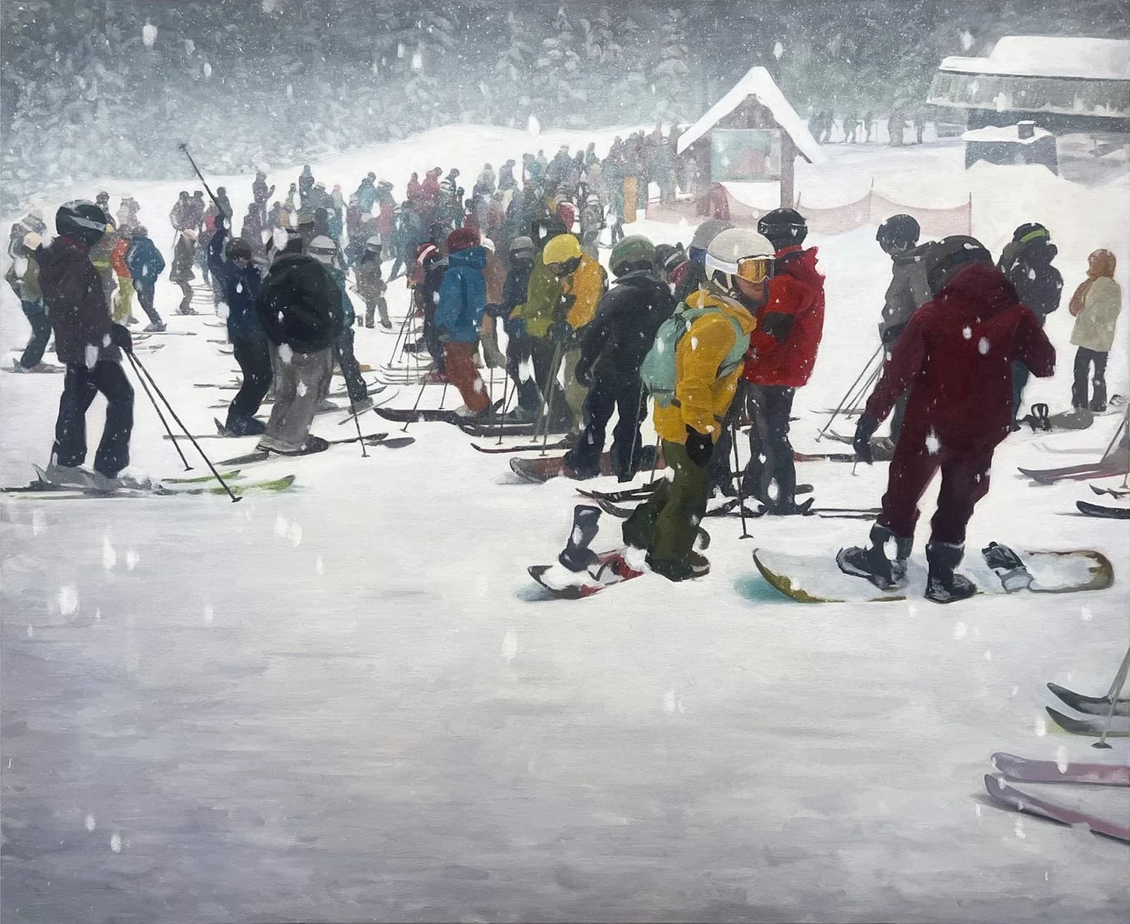 A crowd of skiers waits in a snowy resort, rendered in Impressionistic oil on canvas.