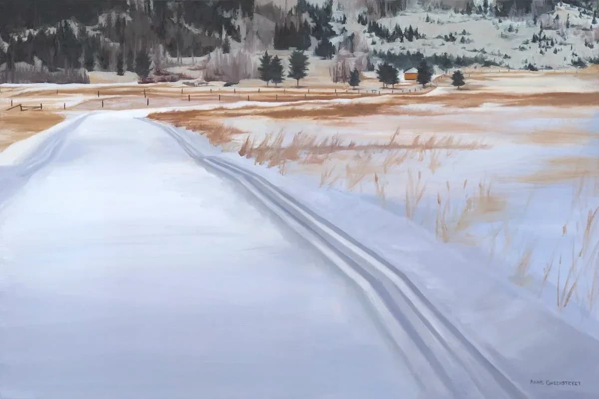 An impressionistic oil painting depicts a snow-covered road leading to a distant cabin, rendered in shades of Periwinkle Gray and Link Water.