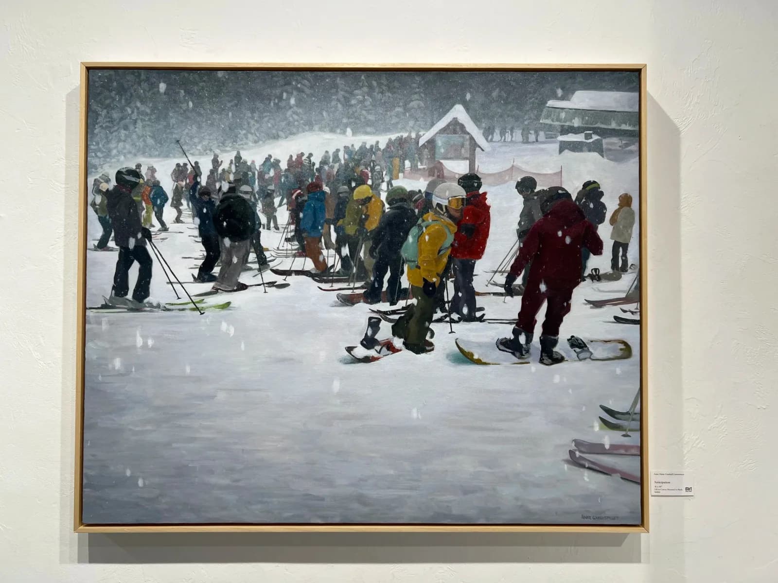 An Impressionist oil painting depicts a crowded ski resort scene with figures in winter attire.