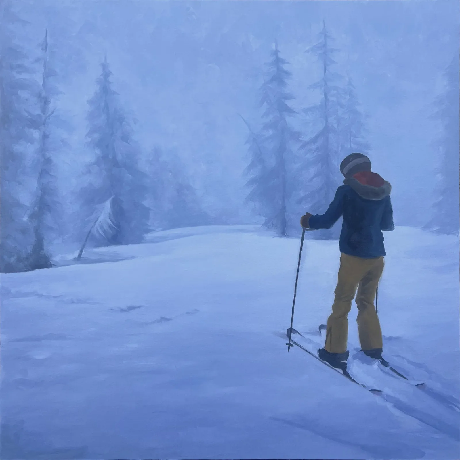 A skier pauses in a foggy winter landscape, rendered in oil and acrylic with a cool blue palette.