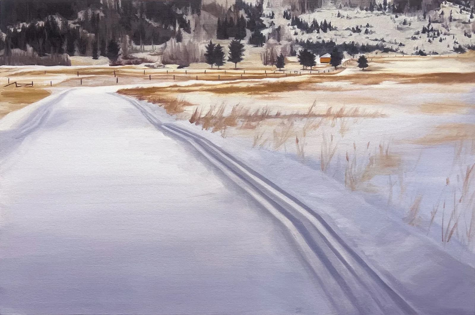 An impressionistic oil painting depicts a snow-covered road leading to a distant cabin, rendered in shades of Santas Gray and Manatee.