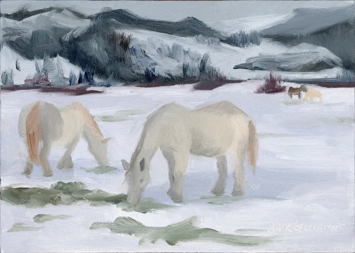 Impressionistic oil painting of horses grazing in a snowy landscape with muted gray mountains.
