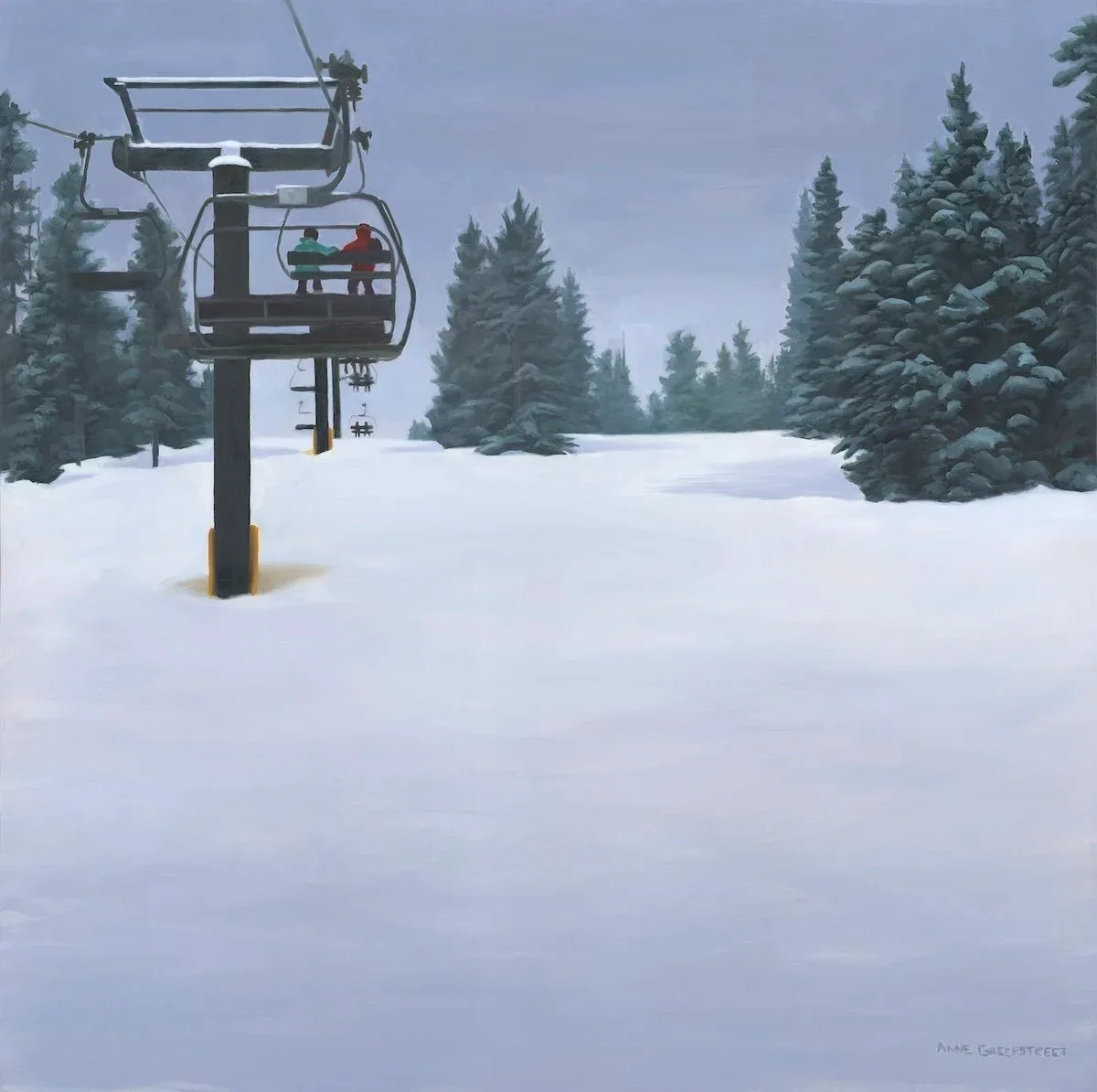 An impressionistic oil painting depicts a ski lift ascending a snowy slope with evergreen trees under a Periwinkle Gray sky.
