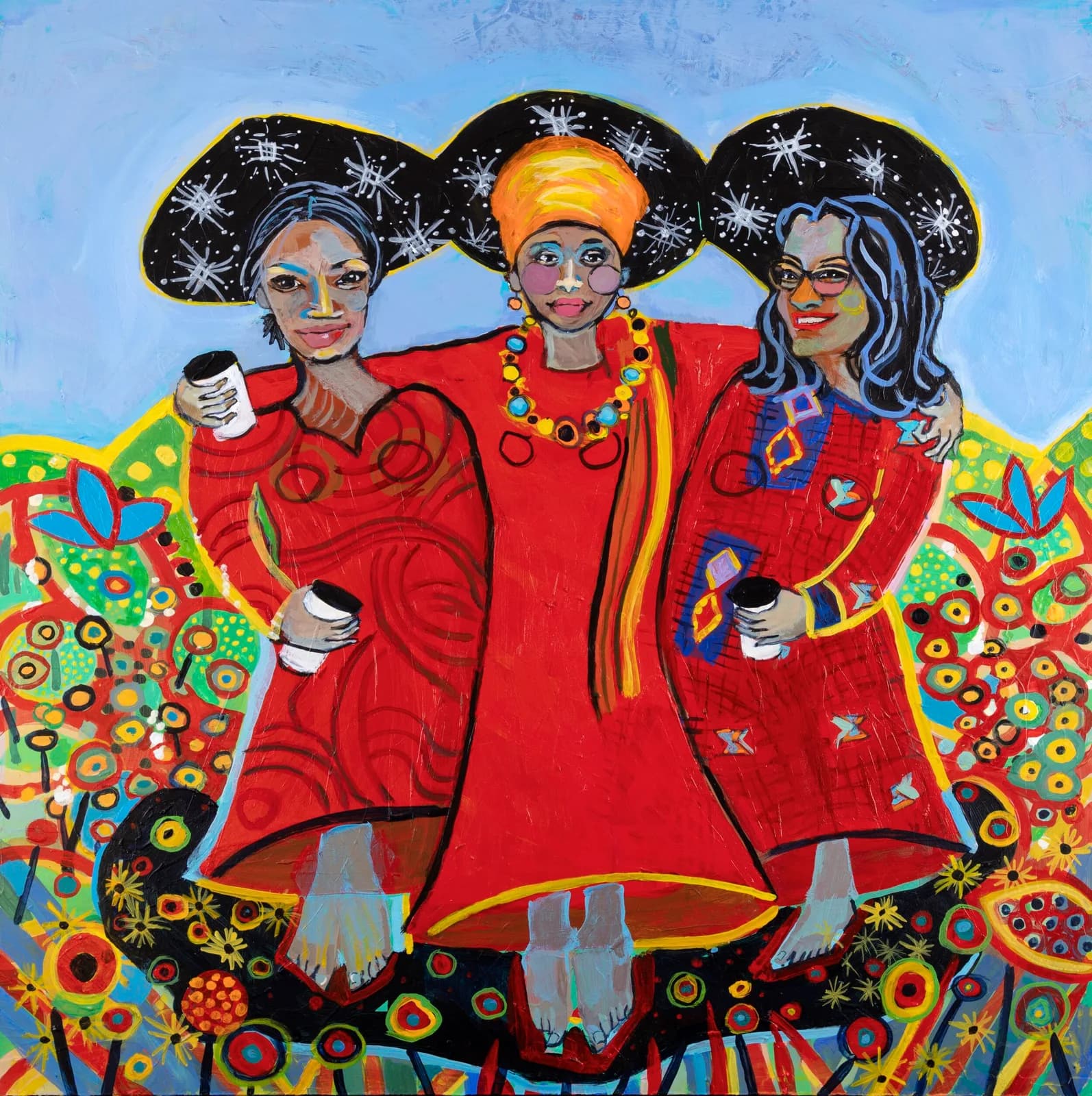 Three women in vibrant red dresses hold coffee cups in this folk-style acrylic painting with bold patterns.