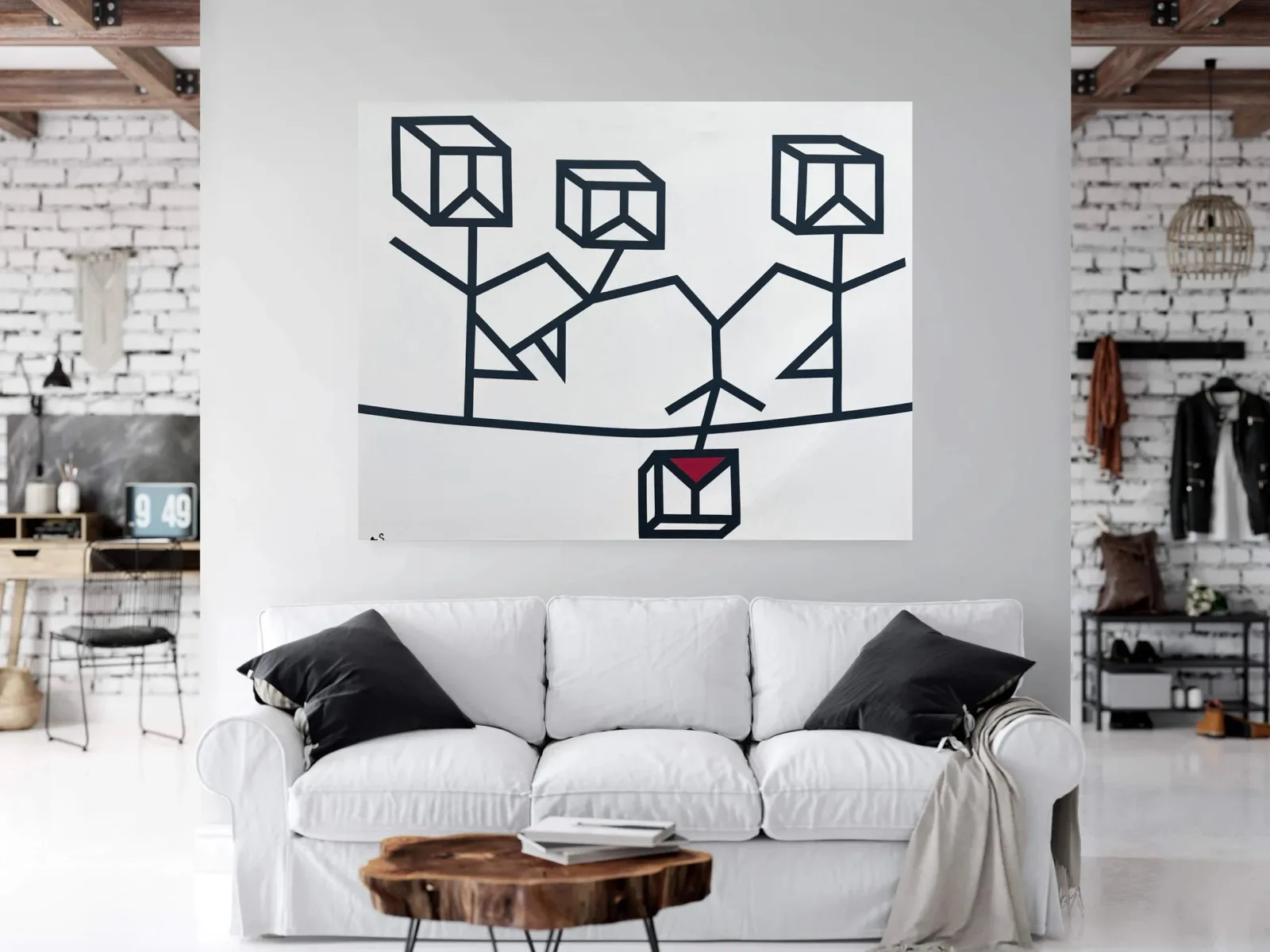 Geometric figures rendered in oil and acrylic on canvas, featuring a minimalist composition with a touch of red.