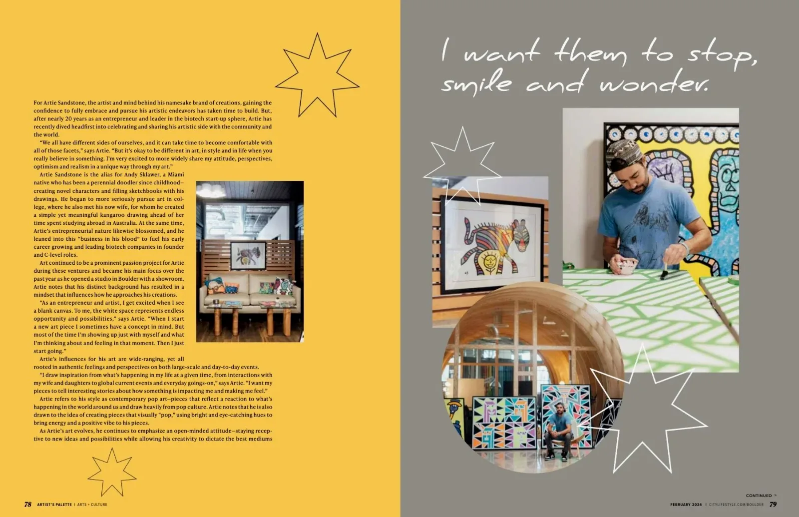 An artist works on a large-scale painting in his studio, surrounded by his colorful creations.