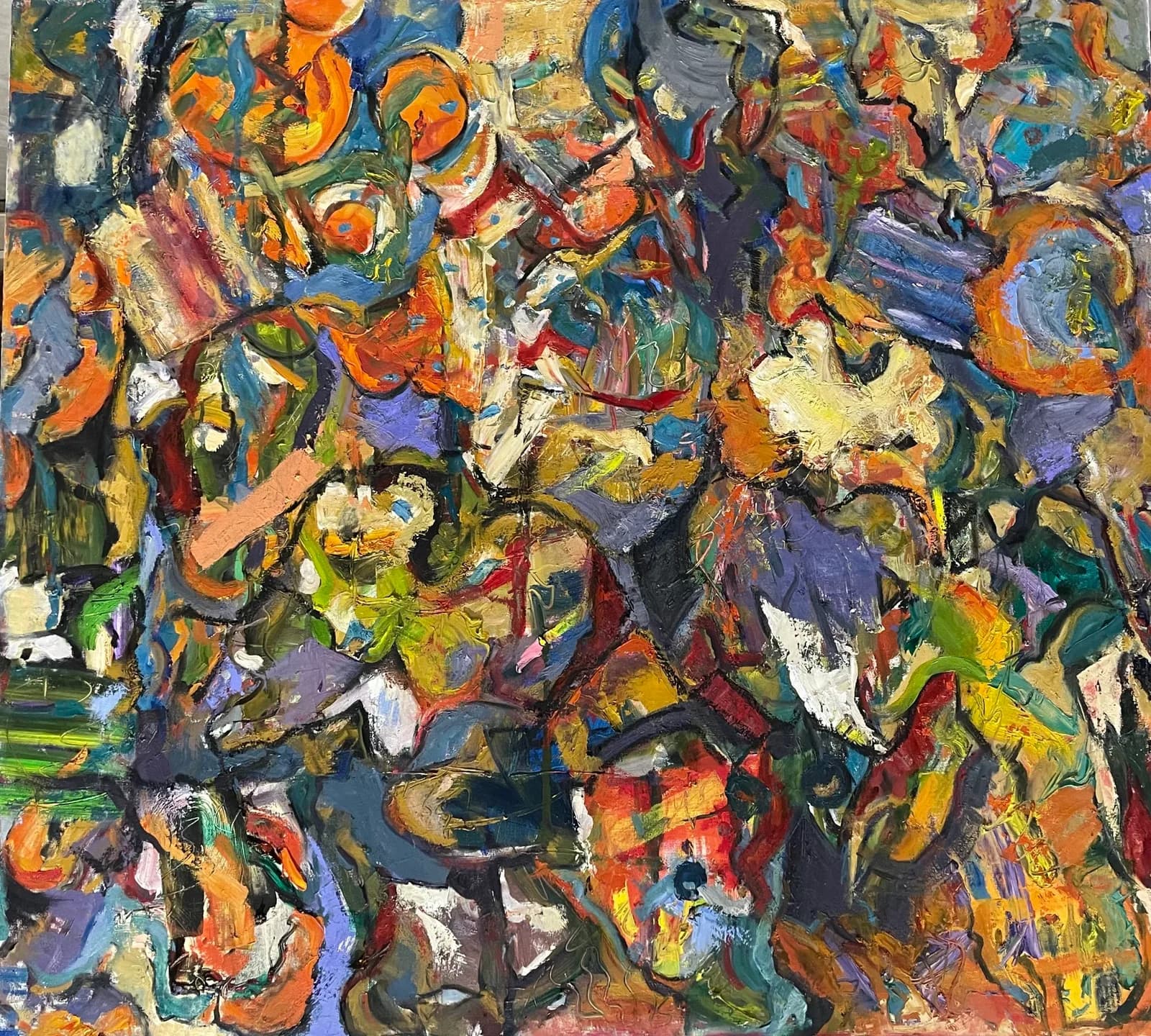An abstract oil painting features a dense composition of energetic brushstrokes in warm and cool tones.
